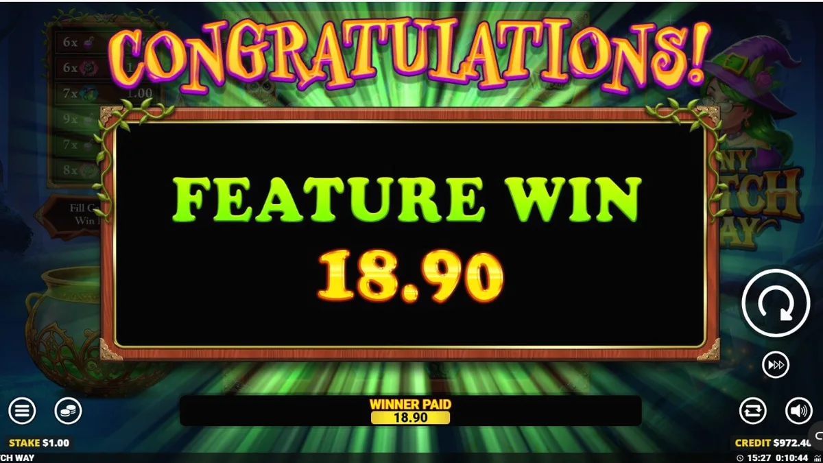 Interface do slot Any Witch Way com caldeirão e símbolos temáticos