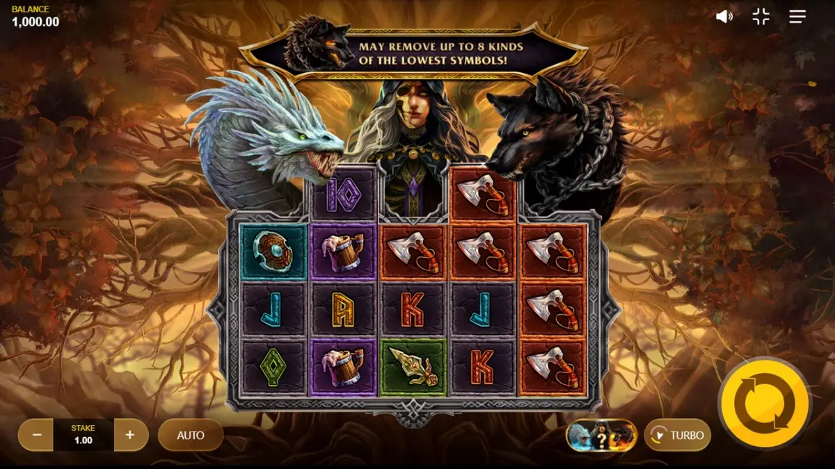Cena atmosférica do slot Loki’s Descendants com elementos da mitologia nórdica
