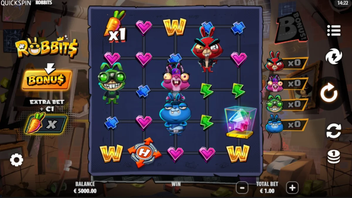 Cena do jogo de slot Robbits com personagens coelhos ladrões em um esconderijo subterrâneo.